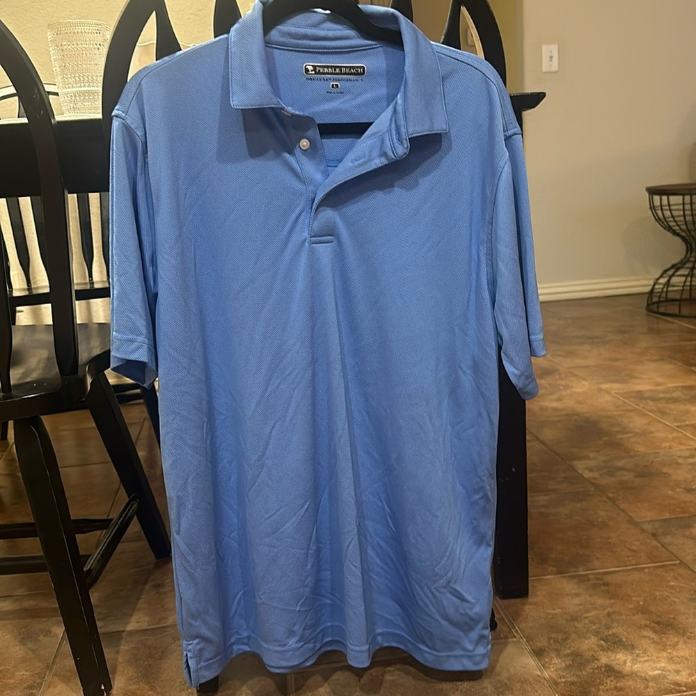 Blue polo with small white pattern